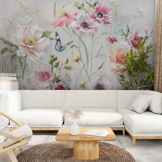 Фотообои: Акварельный Цветочный Луг С Бабочкой